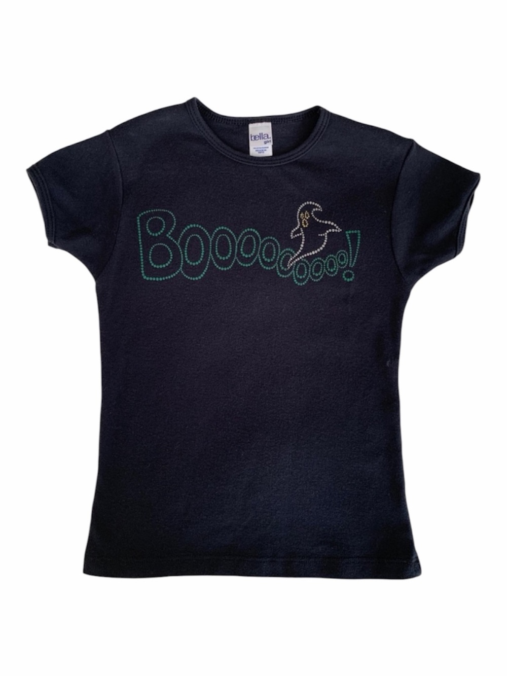 Bella Girl Halloween T-Shirt Girls Size 10/12 Black Boo Ghost Short Cap Sleeves